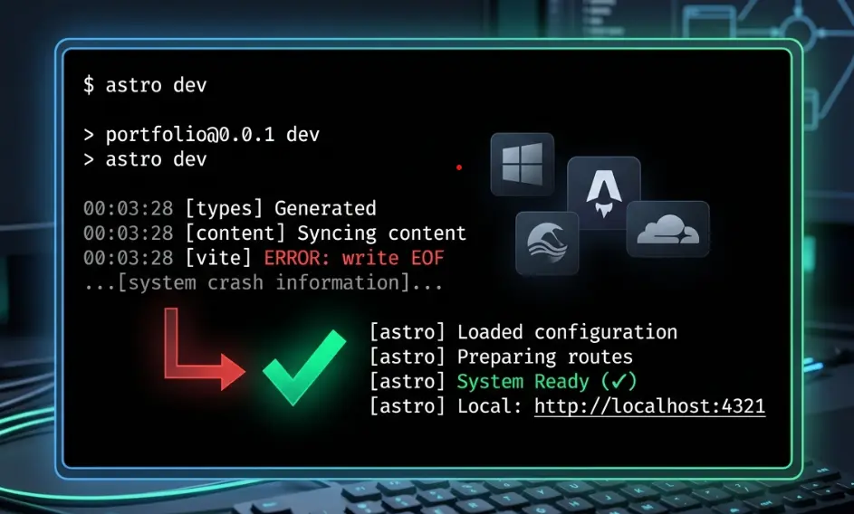 An error terminal screen showing 'write EOF' being resolved with a green checkmark